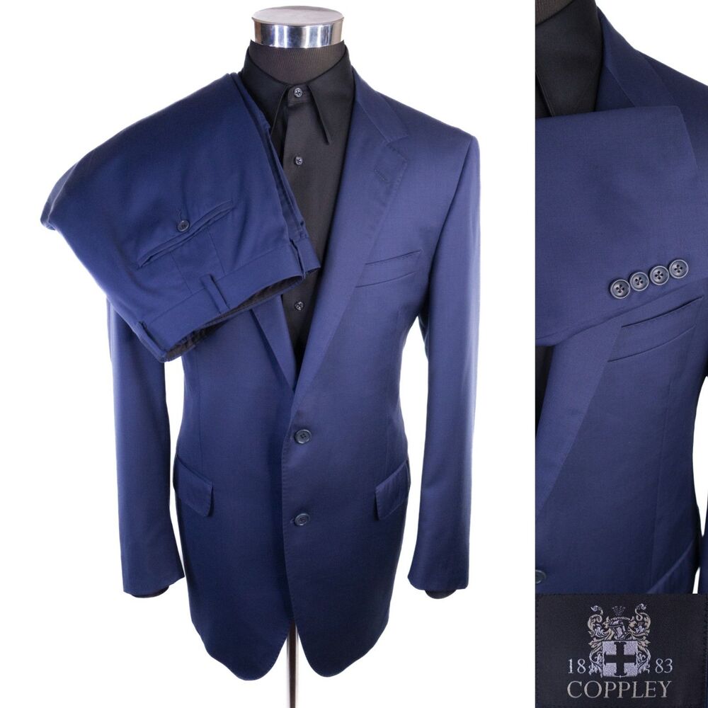 Coppley 2-Pcs Solid Navy Blue Suit 100's Wool Blazer Jacket Sz 44T Pants 38X33